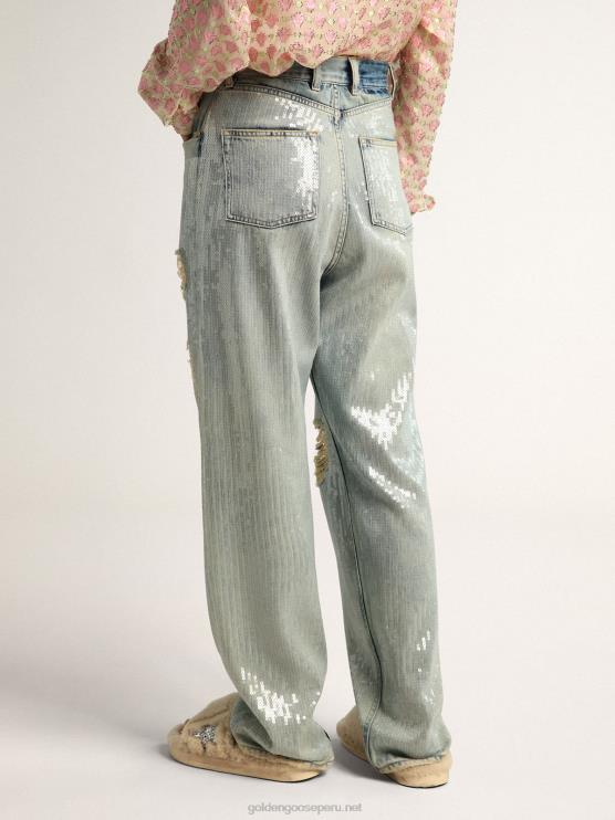 FDVPX1017 Golden Goose mujer Vaqueros de la colección Journey en denim azul claro con efecto envejecido y lentejuelas por toda la prenda