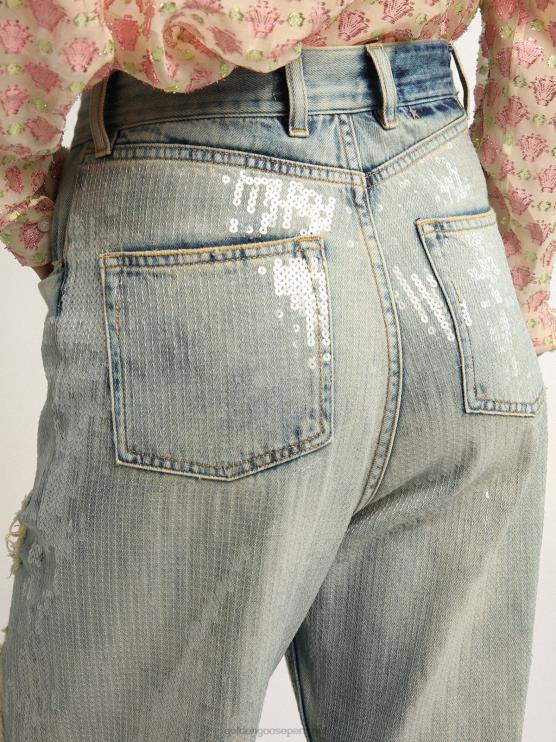 FDVPX1017 Golden Goose mujer Vaqueros de la colección Journey en denim azul claro con efecto envejecido y lentejuelas por toda la prenda