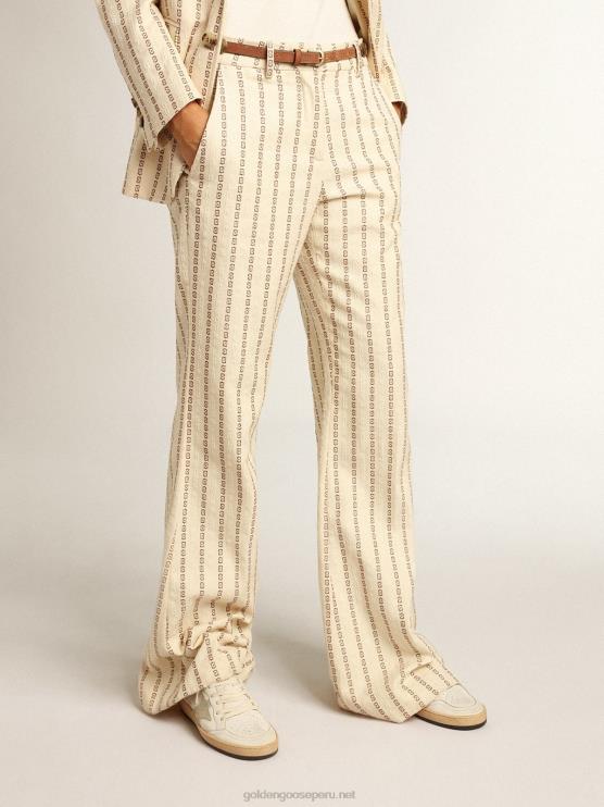 FDVPX1048 Golden Goose mujer pantalones de algodón color crema con motivo jacquard