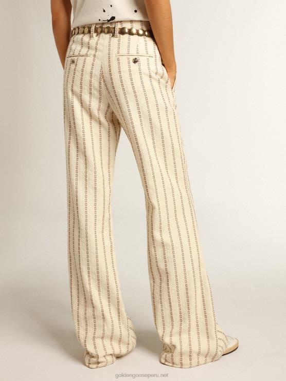 FDVPX1048 Golden Goose mujer pantalones de algodón color crema con motivo jacquard