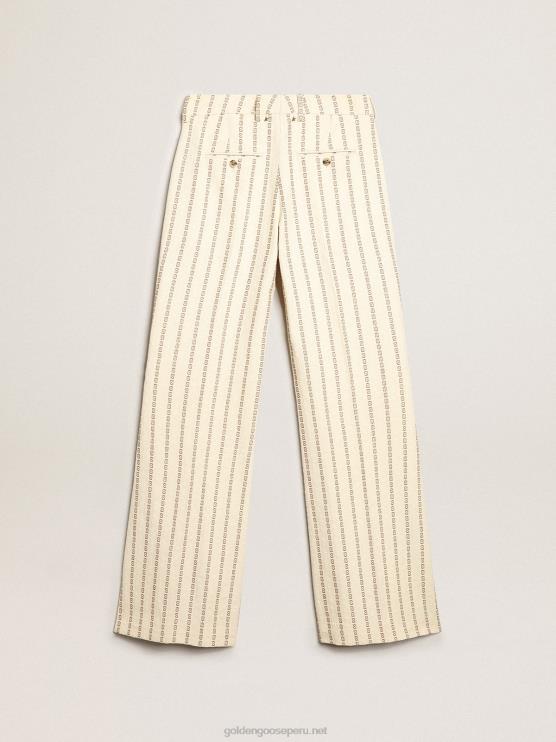 FDVPX1048 Golden Goose mujer pantalones de algodón color crema con motivo jacquard