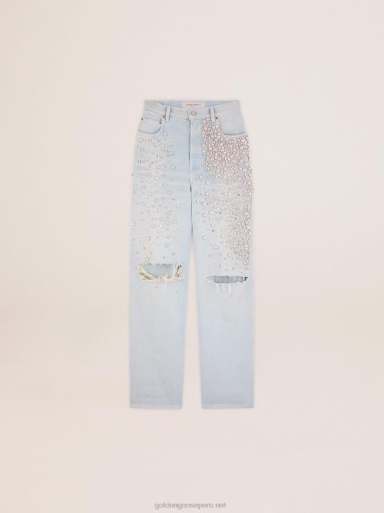 FDVPX927 Golden Goose mujer colección jeans kim blanqueados con cristales cabujón