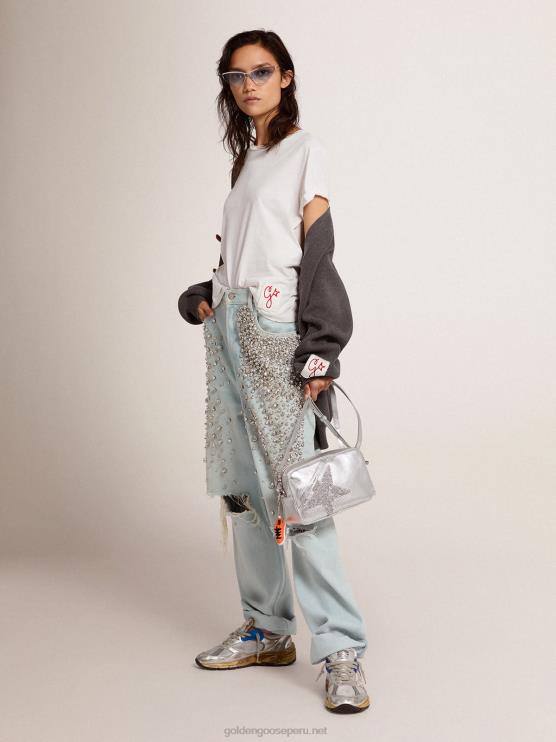 FDVPX927 Golden Goose mujer colección jeans kim blanqueados con cristales cabujón