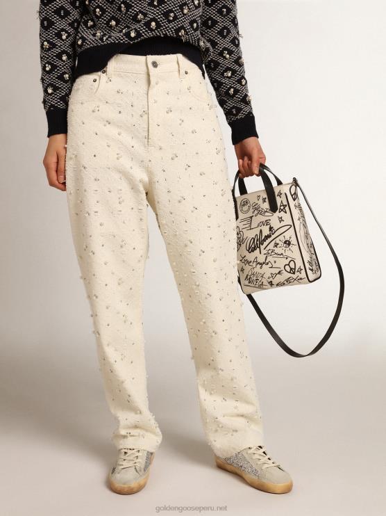 FDVPX948 Golden Goose mujer Vaqueros kim de la colección Journey de algodón blanco roto con motivos de rombos y detalles de cuentas y cristales.