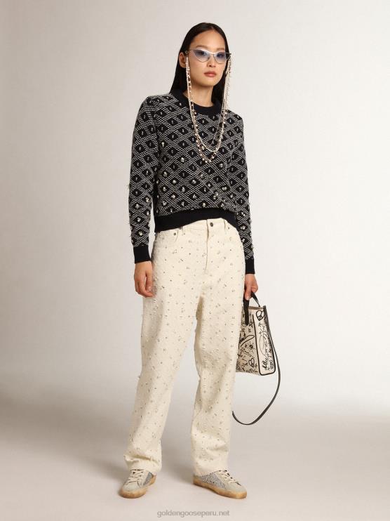FDVPX948 Golden Goose mujer Vaqueros kim de la colección Journey de algodón blanco roto con motivos de rombos y detalles de cuentas y cristales.