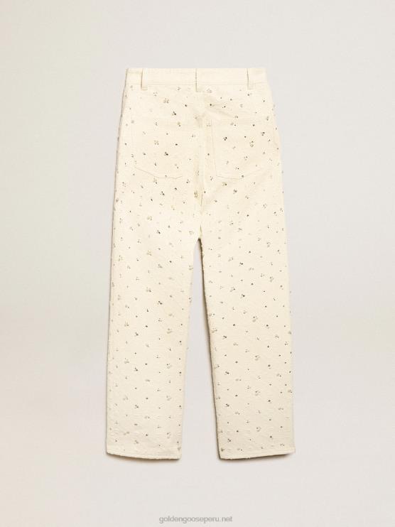 FDVPX948 Golden Goose mujer Vaqueros kim de la colección Journey de algodón blanco roto con motivos de rombos y detalles de cuentas y cristales.