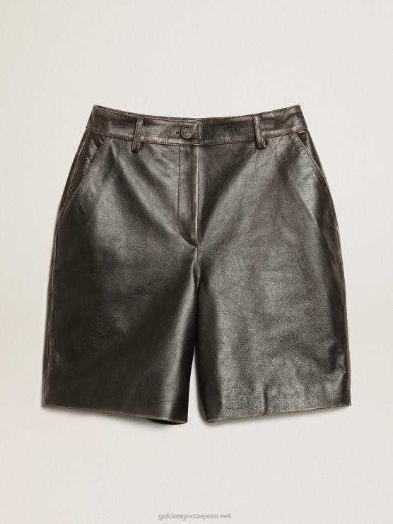 FDVPX965 Golden Goose mujer bermudas de piel negra con efecto desgastado