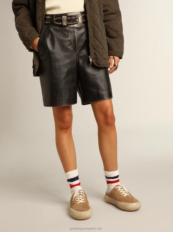 FDVPX965 Golden Goose mujer bermudas de piel negra con efecto desgastado