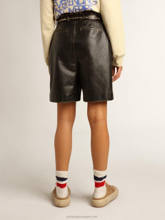 FDVPX965 Golden Goose mujer bermudas de piel negra con efecto desgastado