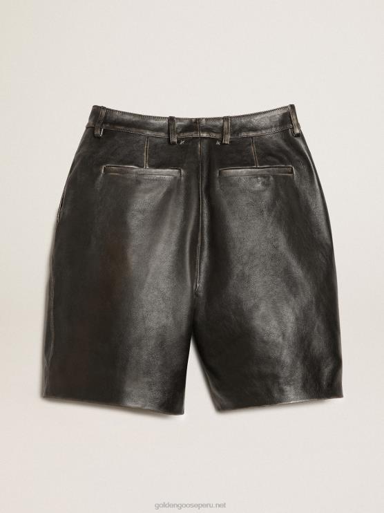 FDVPX965 Golden Goose mujer bermudas de piel negra con efecto desgastado