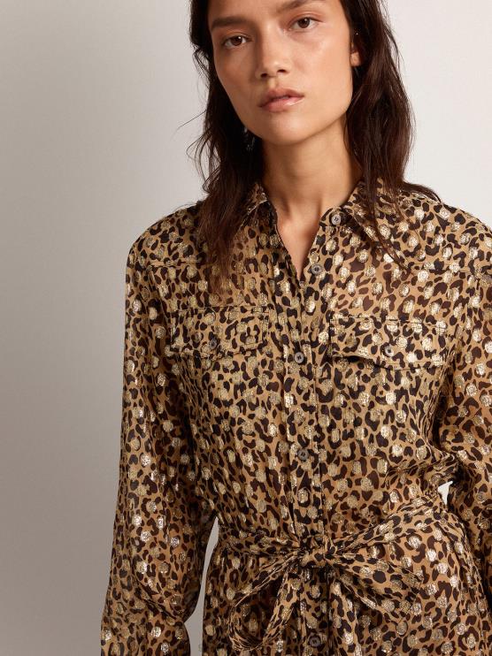 FDVPX1016 Golden Goose mujer vestido camisero con animal print y plumetis dorados
