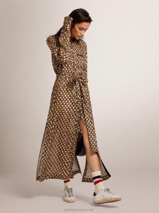 FDVPX1016 Golden Goose mujer vestido camisero con animal print y plumetis dorados