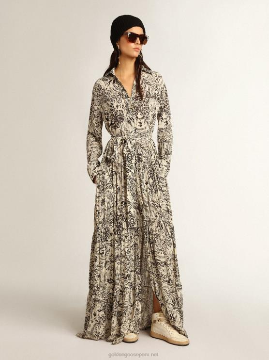 FDVPX1054 Golden Goose mujer vestido blanco con estampado toile de jouy negro