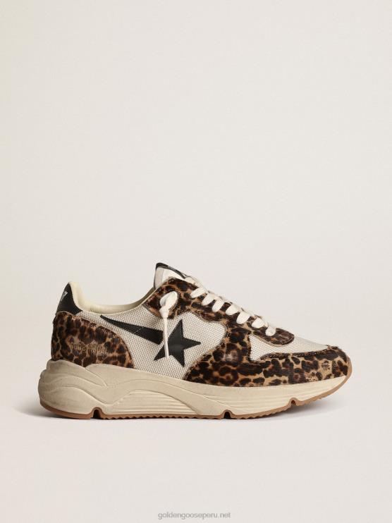 FDVPX47 Golden Goose mujer Zapatillas deportivas con suela de running de malla color crema con inserciones de piel de potro con estampado de leopardo y estrella de piel negra