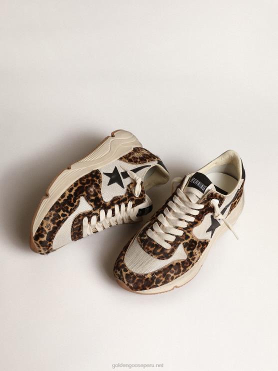 FDVPX47 Golden Goose mujer Zapatillas deportivas con suela de running de malla color crema con inserciones de piel de potro con estampado de leopardo y estrella de piel negra