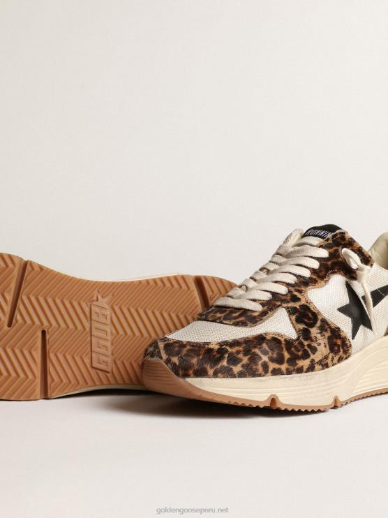 FDVPX47 Golden Goose mujer Zapatillas deportivas con suela de running de malla color crema con inserciones de piel de potro con estampado de leopardo y estrella de piel negra