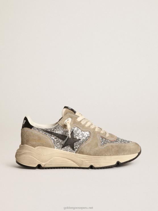 FDVPX82 Golden Goose mujer Deportivas suela running de ante glitter plateado y gris tórtola con estrella de piel negra