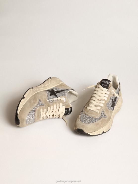 FDVPX82 Golden Goose mujer Deportivas suela running de ante glitter plateado y gris tórtola con estrella de piel negra