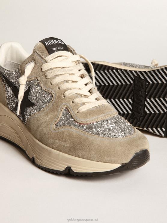 FDVPX82 Golden Goose mujer Deportivas suela running de ante glitter plateado y gris tórtola con estrella de piel negra