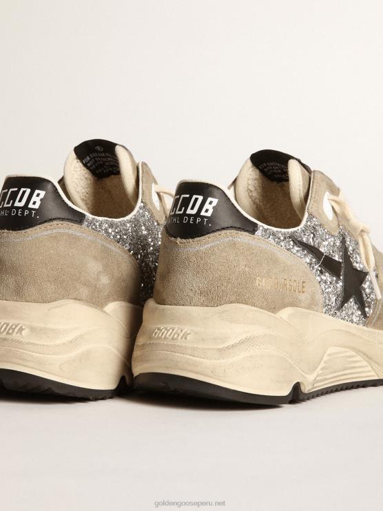 FDVPX82 Golden Goose mujer Deportivas suela running de ante glitter plateado y gris tórtola con estrella de piel negra