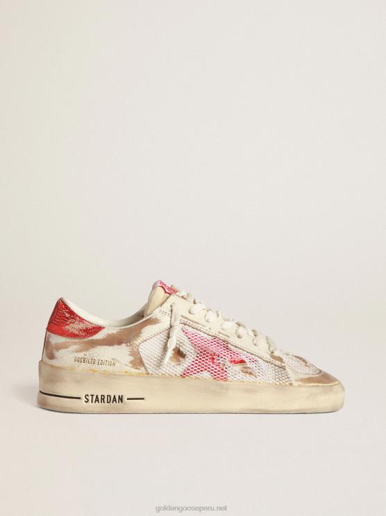 FDVPX247 Golden Goose mujer zapatillas stardan lab de piel blanca y malla con estrella de piel laminada roja