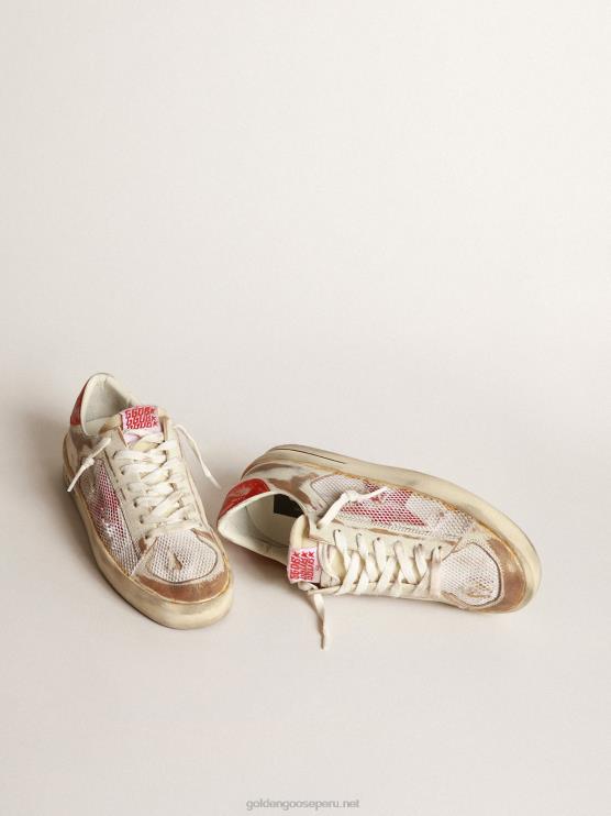 FDVPX247 Golden Goose mujer zapatillas stardan lab de piel blanca y malla con estrella de piel laminada roja