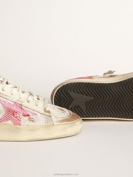 FDVPX247 Golden Goose mujer zapatillas stardan lab de piel blanca y malla con estrella de piel laminada roja