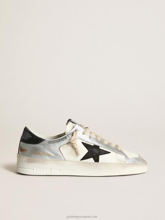 FDVPX256 Golden Goose mujer zapatillas stardan de piel laminada plateada con inserciones de napa blanca y estrella de piel negra