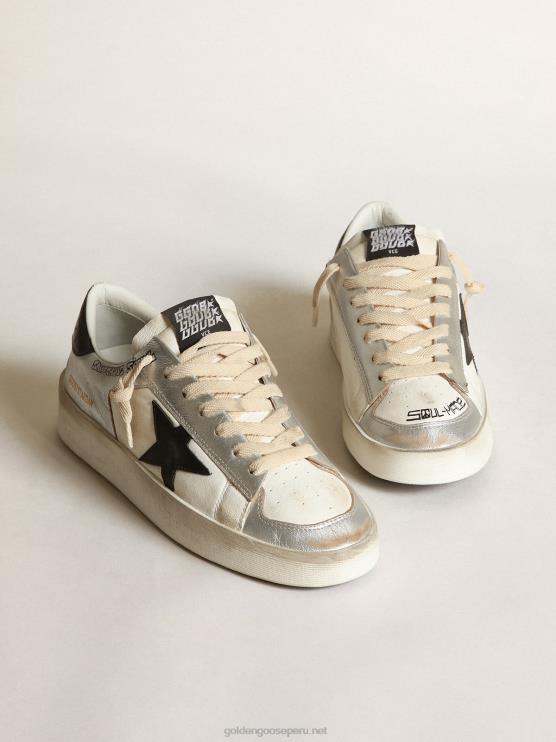 FDVPX256 Golden Goose mujer zapatillas stardan de piel laminada plateada con inserciones de napa blanca y estrella de piel negra