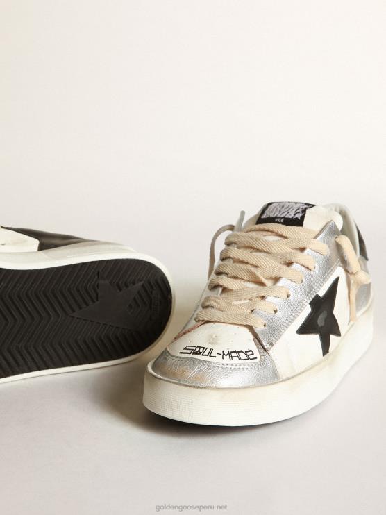 FDVPX256 Golden Goose mujer zapatillas stardan de piel laminada plateada con inserciones de napa blanca y estrella de piel negra