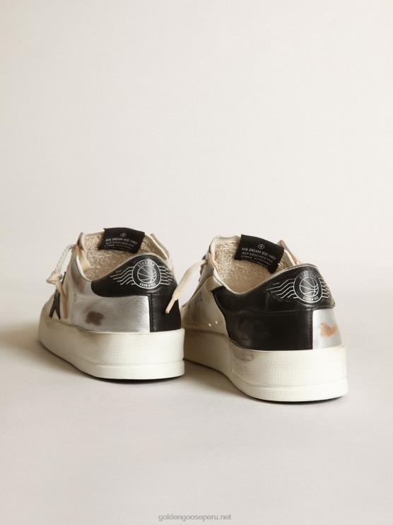 FDVPX256 Golden Goose mujer zapatillas stardan de piel laminada plateada con inserciones de napa blanca y estrella de piel negra