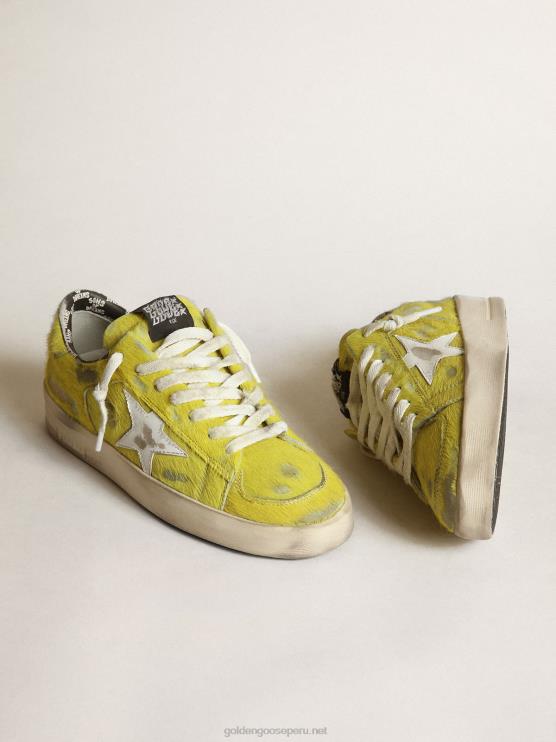 FDVPX88 Golden Goose mujer zapatillas stardan de piel de potro amarillo flúor con estrella de piel blanca