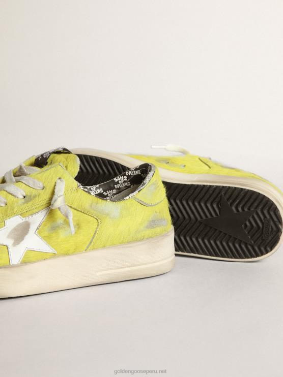 FDVPX88 Golden Goose mujer zapatillas stardan de piel de potro amarillo flúor con estrella de piel blanca