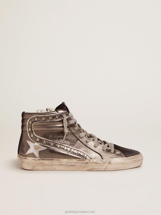 FDVPX108 Golden Goose mujer zapatillas deportivas con empeine de piel laminada plateada y tachuelas en forma de estrella