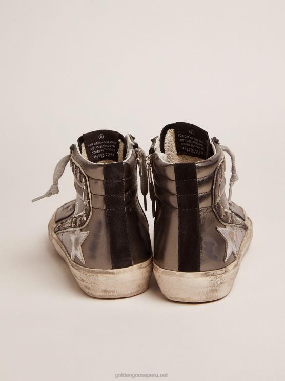 FDVPX108 Golden Goose mujer zapatillas deportivas con empeine de piel laminada plateada y tachuelas en forma de estrella