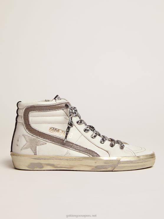 FDVPX114 Golden Goose mujer zapatillas deportivas slide con estrella de ante blanco y flash de piel con estampado de lagarto gris tórtola