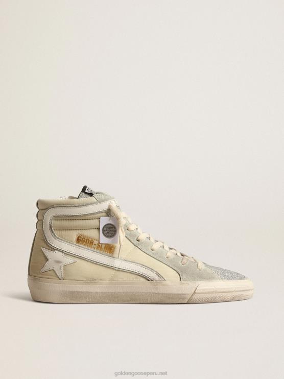 FDVPX162 Golden Goose mujer tobogán de nailon marfil con estrella y flash de piel blanca