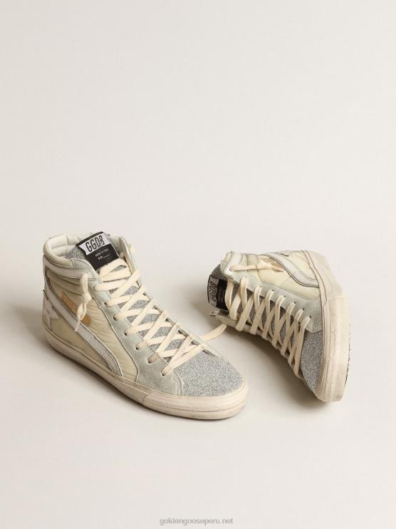 FDVPX162 Golden Goose mujer tobogán de nailon marfil con estrella y flash de piel blanca