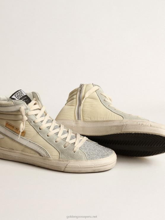 FDVPX162 Golden Goose mujer tobogán de nailon marfil con estrella y flash de piel blanca