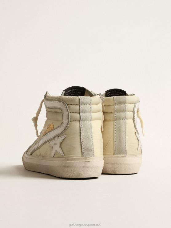 FDVPX162 Golden Goose mujer tobogán de nailon marfil con estrella y flash de piel blanca