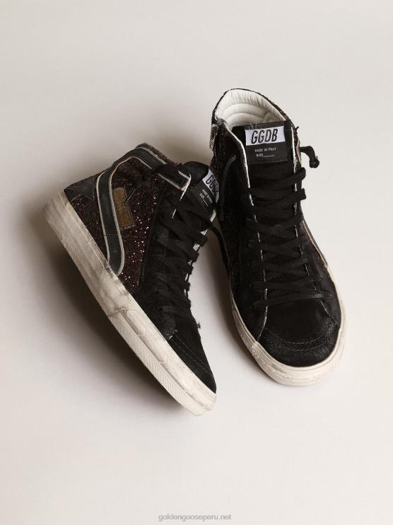 FDVPX181 Golden Goose mujer chanclas en purpurina marrón con estrella de piel negra y flash
