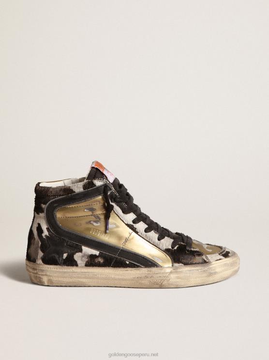FDVPX209 Golden Goose mujer slide lab de piel de potro con estampado de cebra y aplicaciones doradas