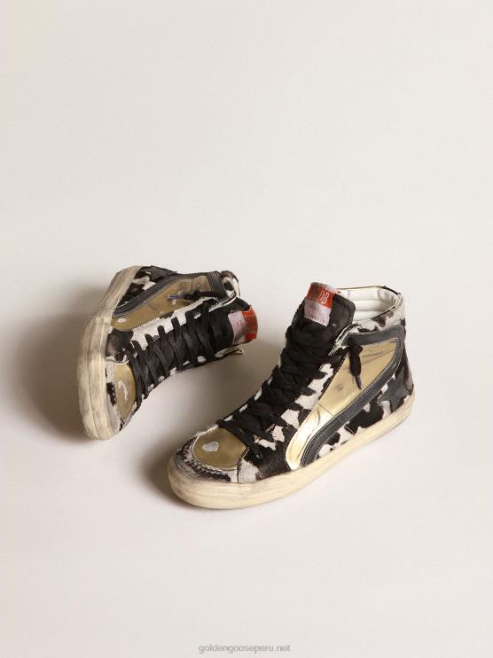 FDVPX209 Golden Goose mujer slide lab de piel de potro con estampado de cebra y aplicaciones doradas