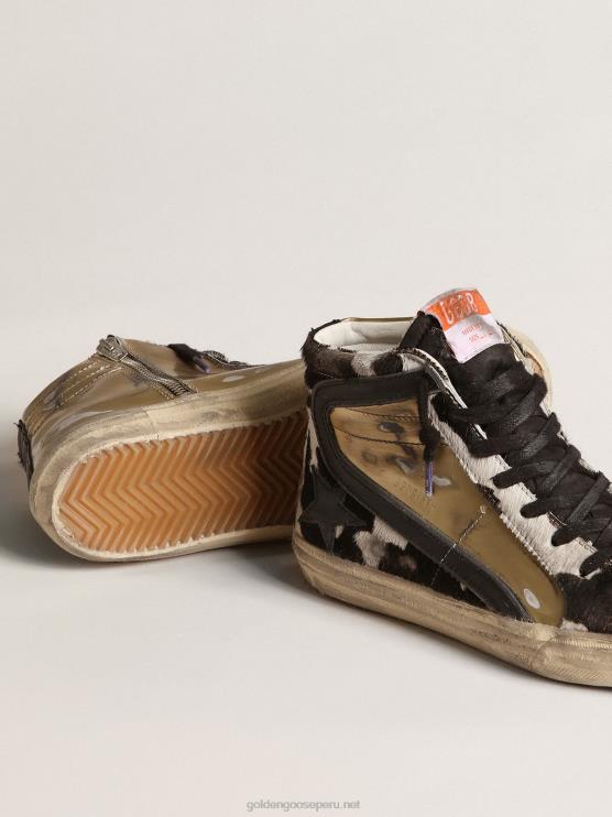 FDVPX209 Golden Goose mujer slide lab de piel de potro con estampado de cebra y aplicaciones doradas