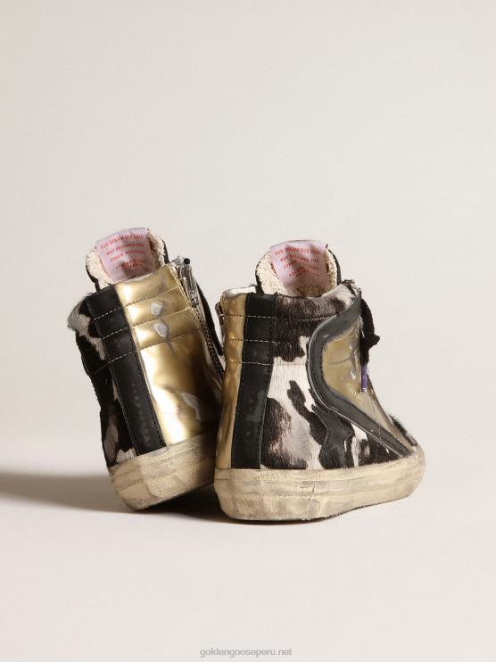 FDVPX209 Golden Goose mujer slide lab de piel de potro con estampado de cebra y aplicaciones doradas