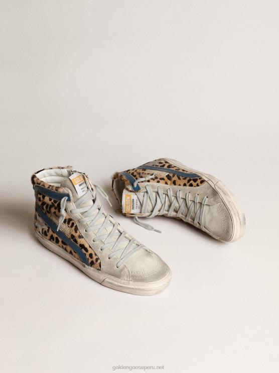 FDVPX25 Golden Goose mujer chanclas de piel de potro con estampado de leopardo y estrella de piel metalizada