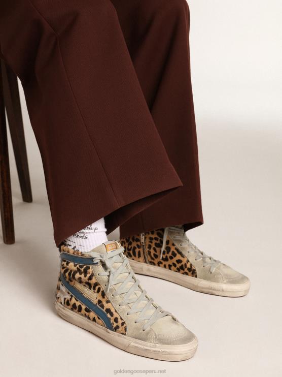 FDVPX25 Golden Goose mujer chanclas de piel de potro con estampado de leopardo y estrella de piel metalizada