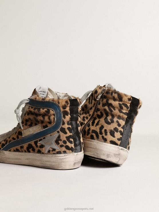 FDVPX25 Golden Goose mujer chanclas de piel de potro con estampado de leopardo y estrella de piel metalizada