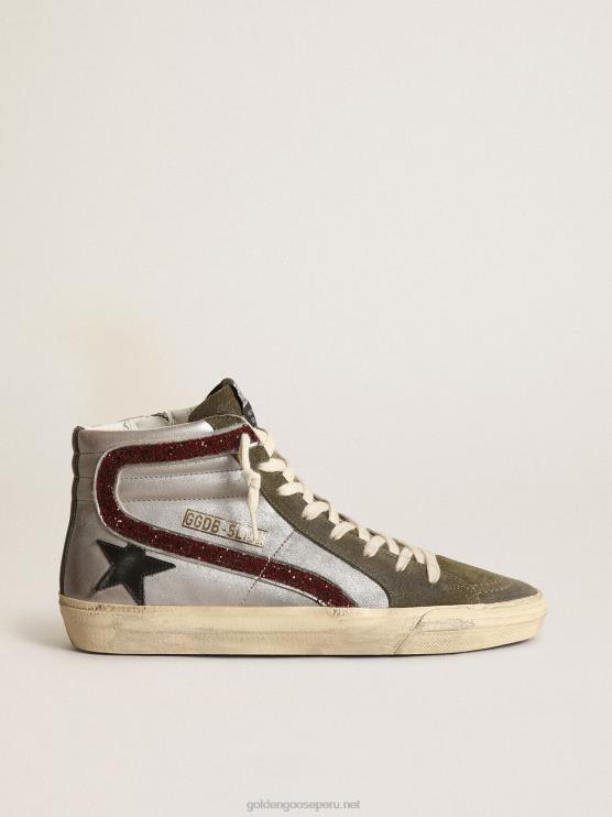 FDVPX261 Golden Goose mujer chanclas plateadas con estrella de piel negra y destello de purpurina
