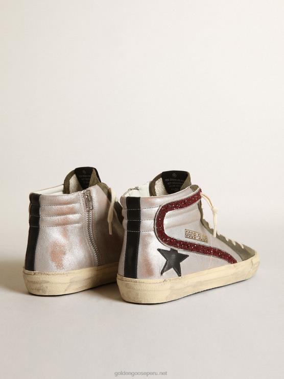 FDVPX261 Golden Goose mujer chanclas plateadas con estrella de piel negra y destello de purpurina